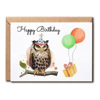 SNMDesigns Owl Happy Birthday Card - Animal With Balloons Card - Owl Birthday Card - Unique Bday Owl