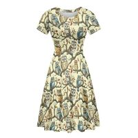 GLUDEAR Women's Summer Dress Short Sleeve Cute Animal Print High Waist Flowy Midi Dress,Owl Tre