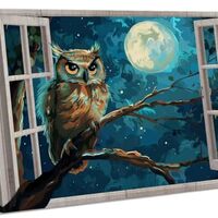 Lnzinro Owl Wall Art Bird Animal Canvas Wall Decor Prints,Retro Abstract Outside The Window Moon Lan