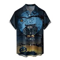 Halloween Men's Shirts Funny Shirt Cat/Spider Web/Night Owl Pattern Short Sleeve Button Shirt B