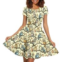 ENLACHIC Women's Cute Animal Printed Short Sleeve A-Line Summer Casual Flowy Swing T Shirt Dres