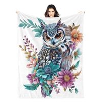 PINKBAY Blue Owl Throw Blanket 340GSM-50x60in Flower Blanket Gifts for Adults Kids White Cozy Fluffy