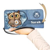 Personalized Owl Women Leather Wallet, Custom Name Vintage Owl RFID Blocking Zipper Wallet, Boho Owl