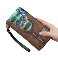 Personalized Owl Women Leather Wallet, Custom Name Vintage Owl RFID Blocking Zip Wallet, Boho Long L