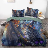 Magician Owl Duvet Cover, Fantasy Magic Style Bedding Set, Bedroom Decor 3 Piece Soft Bedding Set wi