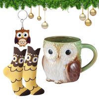 Newtay 3 Pcs Christmas Owl Themed Gift Set for Women Include Owl Ceramic Mug Keychain Socks for Xmas