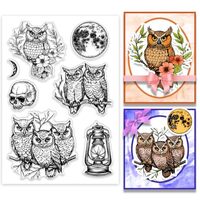 PH PandaHall Owl Moon Clear Stamps Skull Oil Lamp Silicone Clear Stamp Owl Flower Decorative Transpa