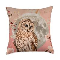 Aesthetic Women Animal Lover Pink Floral Barred Owl Throw Pillow