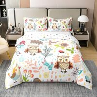 Erosebridal 100% Cotton Kawaii Owl Duvet Cover Twin Size, Cute Owls Flowers Comforter Cover, Cartoon