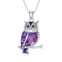 Reaii Natural Amethyst Owl Necklace for Women 925 Sterling Silver Owl Pendant with Genuine Amethyst 