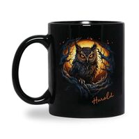 Owl In Sunset Design Black Mug, Customized Name Animal Lover Cup, Night Owl Ceramic Mug 11oz 15oz, P