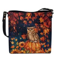 HUGS IDEA Leather Bucket Handbag Fall Autumn Leaves Owl Print Shoulder Bags Tote Handle Bags Bobo Cr