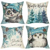 Fjfz Winter Wishes Owl Raccoon Decorative Throw Pillow Covers 20 x 20 Set of 4, Winter is Coming Pin