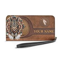 Personalized Native American Women Leather Wallet, Tribal Navajo Owl Horse Feather Zipper Wallet, We