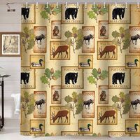 Namdeva Rustic Cabin Shower Curtain, Black Bear Deer Elk Moose Mallard Duck Owl Wildlife Vintage Lod