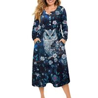 Brosoneto Women's Owl Floral Print Long Sleeve Oversized Maxi Dress Button Up Casual Loose Fall