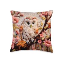 Embroidered Fall Floral Owl Tree in Bloom Autumn Cute Owl Throw Pillow