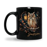 Personalized Owl Coffee Mug With Lantern And Flowers, Custom Nighttime Forest Scene Mug, Customized 