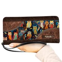 Personalized Night Owl Women Leather Wallet, Custom Name Vintage Owl Tree RFID Blocking Zip Wallet, 