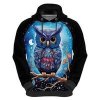 WELLFLYHOM Cartoon Owl Hoodies Oversize Black Sweatshirt for Women Cute Fall Outfits Moon Galaxy Lon