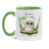 Owl On Swing Design Mug, Custom Choose Name Owl Accent Cup, Gift For Men Women, Customized Baby Owl 
