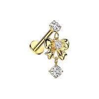 Pierced Owl 16GA 316L Stainless Steel CZ Crystal with Dangling Bow Flat Back Stud (Gold Tone)
