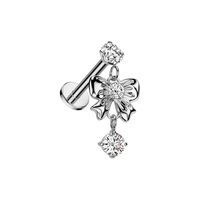 Pierced Owl 16GA 316L Stainless Steel CZ Crystal with Dangling Bow Flat Back Stud (Silver Tone)