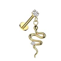 Pierced Owl 16GA 316L Stainless Steel CZ Crystal with Dangling Snake Flat Back Stud (Gold Tone)