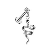Pierced Owl 16GA 316L Stainless Steel CZ Crystal with Dangling Snake Flat Back Stud (Silver Tone)