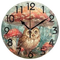 ZzWwR Fairy Owl Sitting Under Mushrooms 10 Inch Round Wall Clock, Large Battery Operated Analog Quie