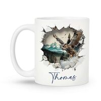 Personalized Owl Flying Mug With Mountain Scene, Custom Name Coffee Cup, Novelty 3D Cracked Wall Des