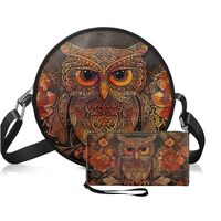 Sannovo Owl Print Round Crossbody Purse Set for Women with Zipper Closure, Circle Shoulder Bag with 