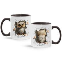 Personalized Owl Accent Mug With Name - Customized Ceramic Coffee Cup With Hole, 11oz/15oz - Unique 