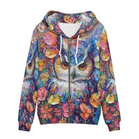 PinUp Angel Floral Owl Print Women Zip Up Hoodie Cute Oil Painting Graphic Clothes Oversized Sweatsh