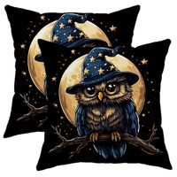 GDHBLING Halloween Pillow Covers Set of 2, Night Sky Owl in Witch Hat Throw Pillow Cases, Spooky Dec