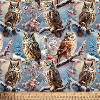 Owls Winter Snow Digital Cotton Fabric by The Yard