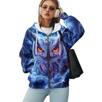 WELLFLYHOM Black Zip Up Hoodies for Women Oversize Vintage Sweatshirt Cartoon Owl Full Zip Jacket Lo