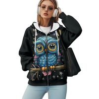 WELLFLYHOM Cute Owl Zip Up Hoodie for Women Vintage Oversize Sweatshirt Y2K Streetwear Jacket Black