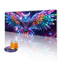 Tudguiloae Long Gaming Mouse Pad with Coaster Neon Owl Edge Stitching Keyboard Mouse Mat for Desk Ho