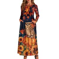 Tongluoye Cute Owl Dress for Women Long Sleeve Maxi Dresses Empire Waist Long Dress with Pockets Wom