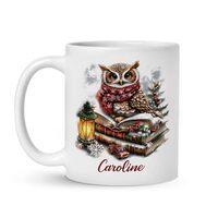Custom Snowy Owl Reading Books White Mug, Personalized Christmas Holiday Coffee Cup, Novelty Mug Gif