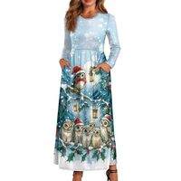 Tongluoye Cute Owl Long Sleeve Maxi Dress for Women A-Line Flowy Dress Empire Waist Casual Dress wit