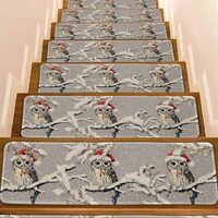 Grey Christmas Stair Treads for Wooden Steps Indoor Runner Rug Carpet, Winter Owl Red Hat Pine Tree 