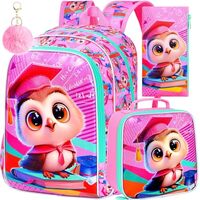 AGSDON 3PCS Kids Backpacks for Girls, 16" Owl Preschool Backpack with Lunch Box, Water Resistan