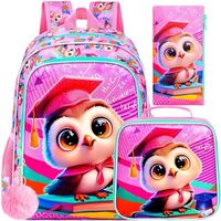 gxtvo 3PCS Owl Bookbag for Girls, 16" Kids Backpack with Lunch Box, Water Resistant Elementary 