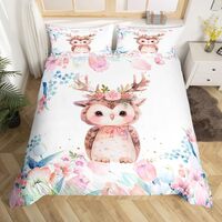 Feelyou Kids Cute Owl Bedding Set Toddler Boys Girls Cartoon Animal Theme Comforter Cover Set Flower