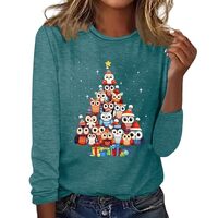 nmells Long Sleeve Christmas Shirts for Women Casual Crewneck Blouse Cute Owl Tree Printed Tops Fash