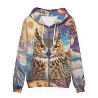 Allcute Graphic Print Zip Up Hoodie Women Comfy Spring Loose Fit Cheerful Owl Hoodies with Front Poc