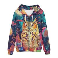 Allcute Loose Fit Zip Up Hoodies for Women Winter Fall Comfy Soft Whimsical Planet Owl Hoodie with P