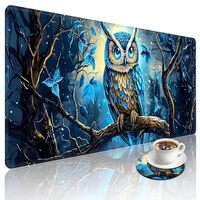 Blue Owl Large Gaming Mouse Pad with Coaster, Durable Stitched Edges Protection Design, Cute Large D